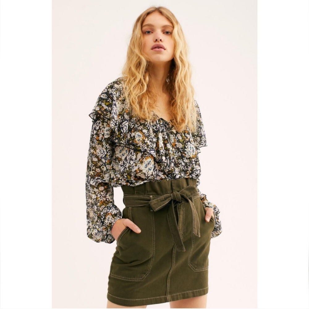 Free People Splendor in the Grassy Army Green Mini Skirt Size 10